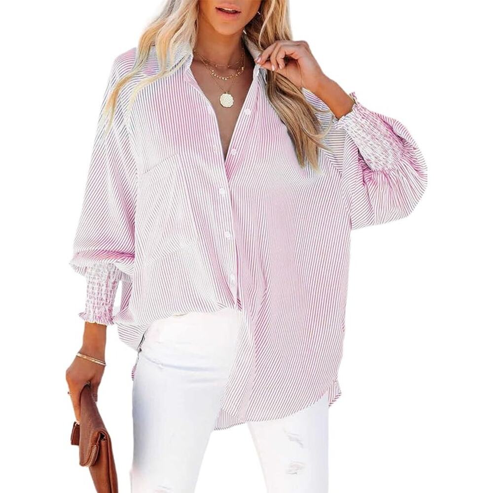 Pink/White Striped Boyfriend Shirt w/ Smocked Cuffs and Pockets Size Small